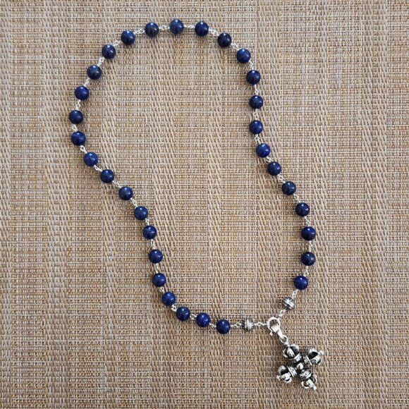 ROCKSTAR LAPIS LAZULI NECKLACE W 925 SILVER DOUBLE DORJE PENDANT-24". UNISEX - Picture 5 of 5